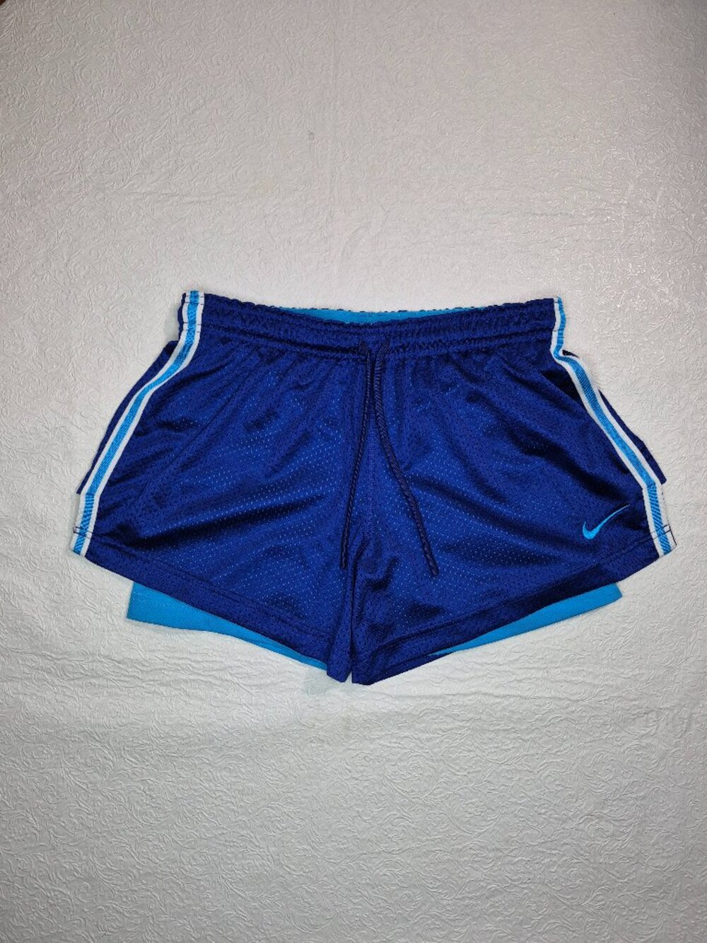 NIKE PRO COMBAT Women M Blue Double Layer Dri-Fit Mesh Elastic Drawstring Shorts